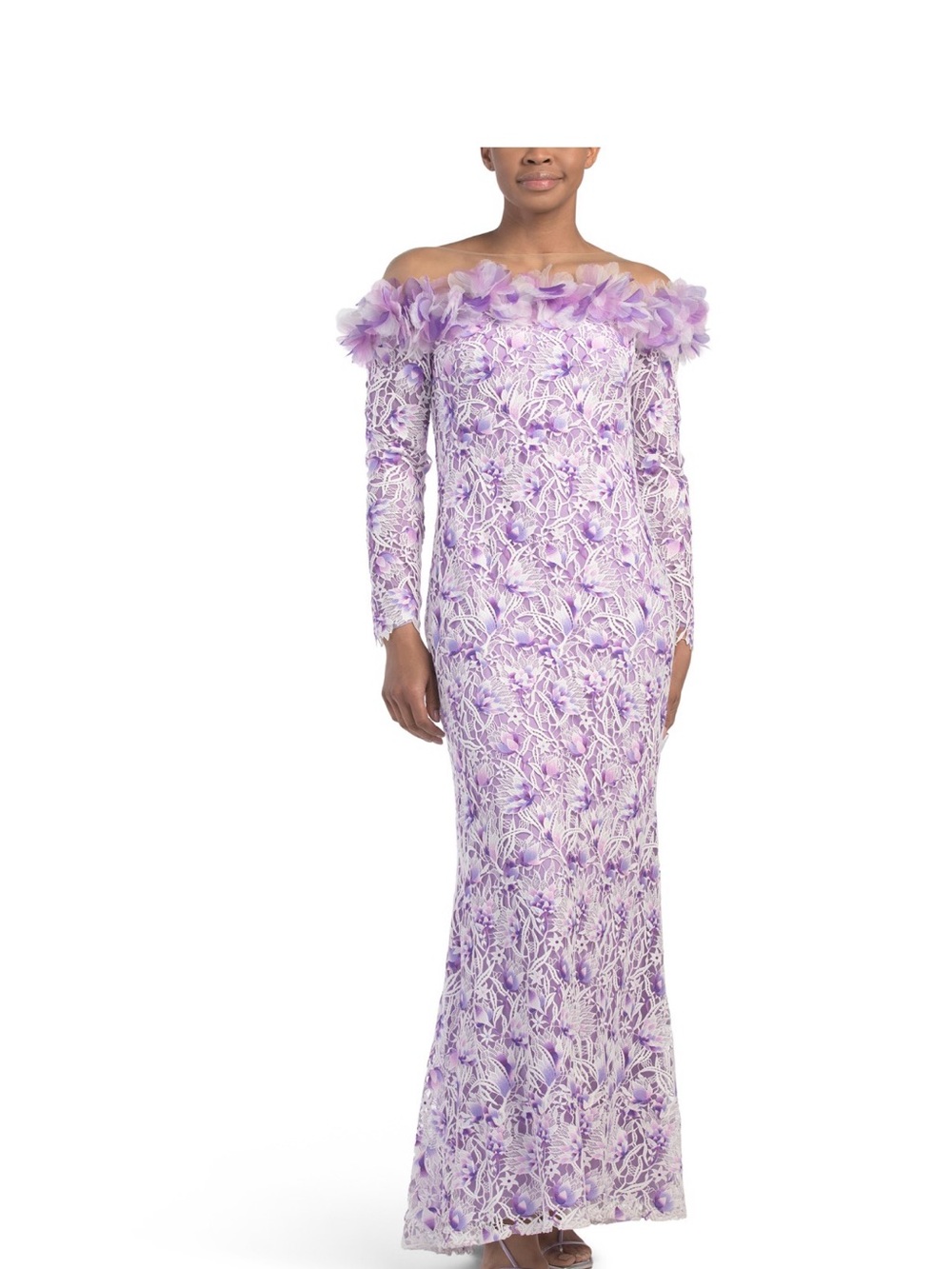 Off-Shoulder Lavender 3-D embroidered Floral Lace Gown